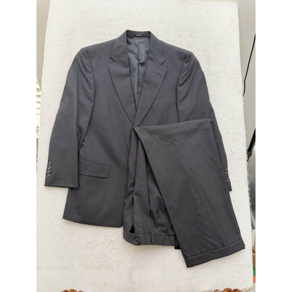Hart Schaffner Marx 2P Suit 38 R Gray Wool Stripe Jacket Pants 34x28 USA Union